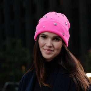 Neon Pink Embroidered Hat on Model