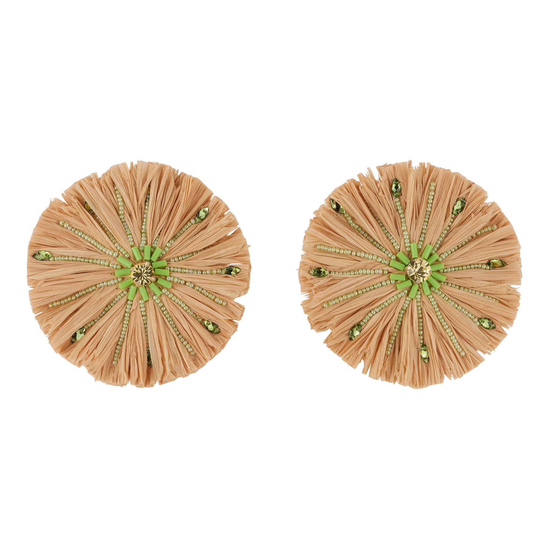 Raffia and Green Beaded Oversized Stud Earrings on Flat White Background