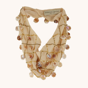 Tan Scarf Necklace with Shell Beading and Gold Sequin Embroidery on Tan Background