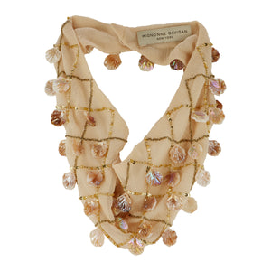 Tan Scarf Necklace with Shell Beading and Gold Sequin Embroidery on Flat White Background