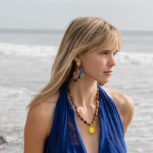 Brown Neutral and Blue Beaded and Embroidered Lionfish Drop Earrings Styled on Model