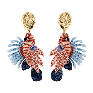 Brown Neutral and Blue Beaded and Embroidered Lionfish Drop Earrings on Flat White Background