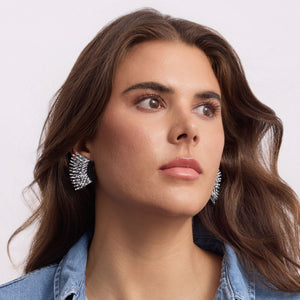 Black and White Newspaper Print Sequin Wing Earrings on Model