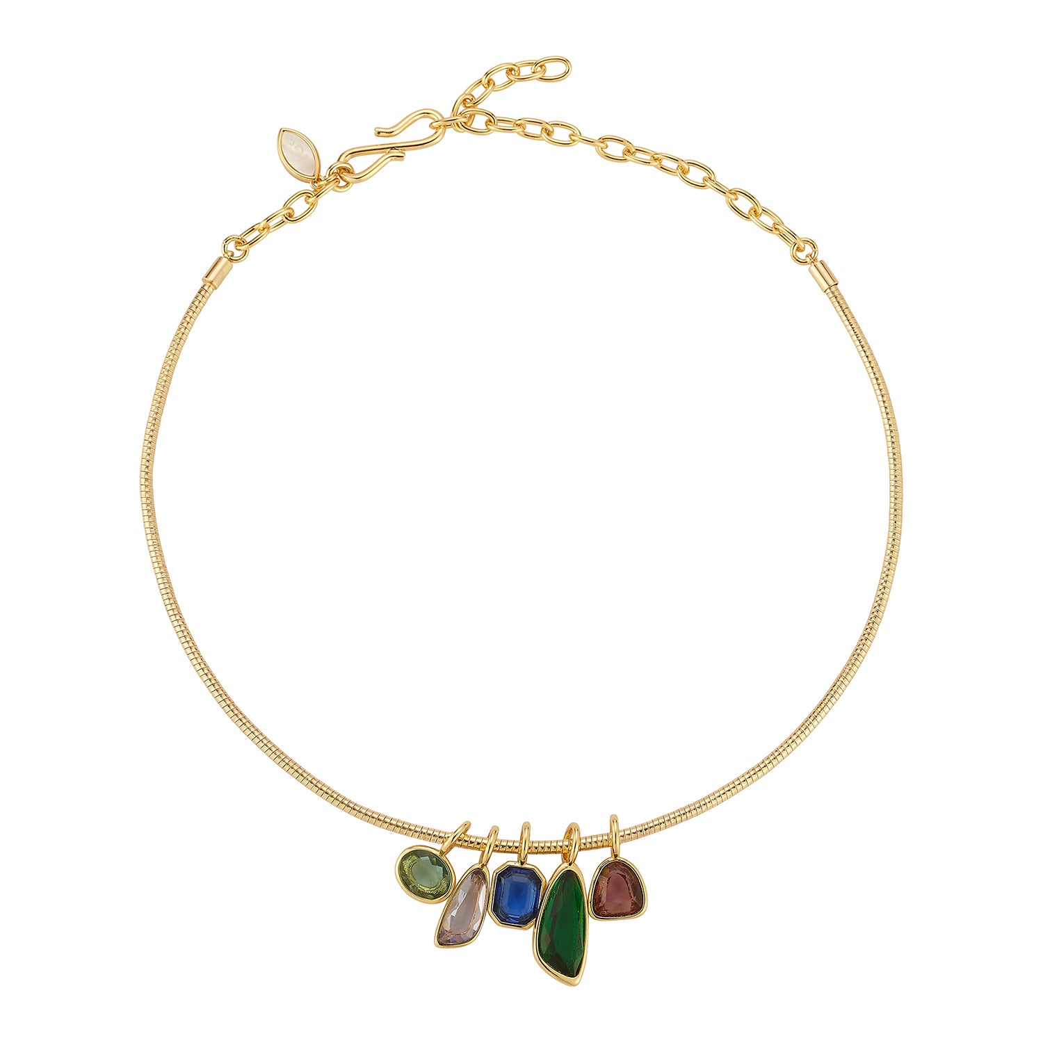 Gold-tone necklace featuring colorful green, blue, and clear pendants along a delicate chain on white