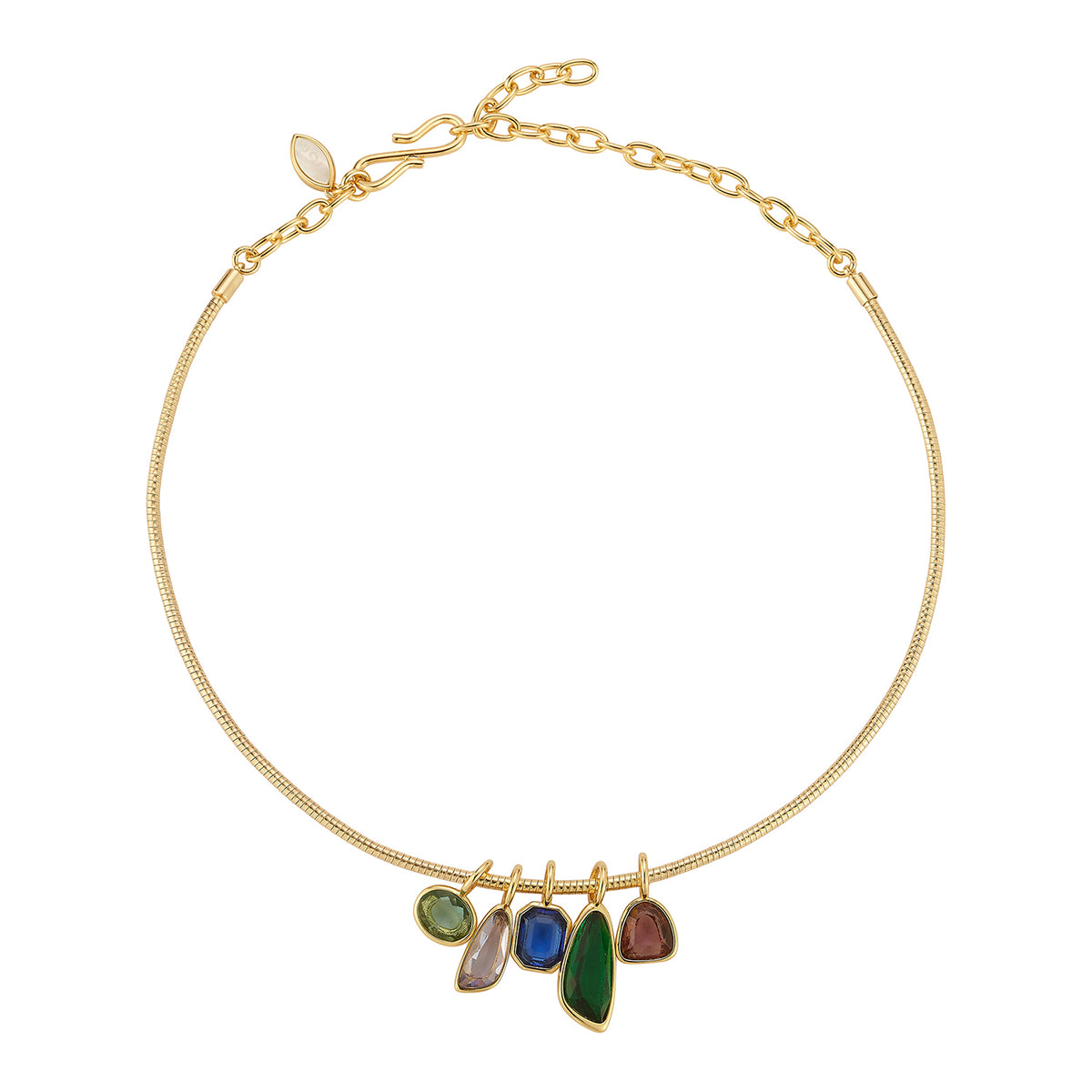 Gold-tone necklace featuring colorful green, blue, and clear pendants along a delicate chain on white