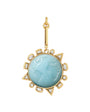 Blue reconstituted stone pendant set in gold against a white background
