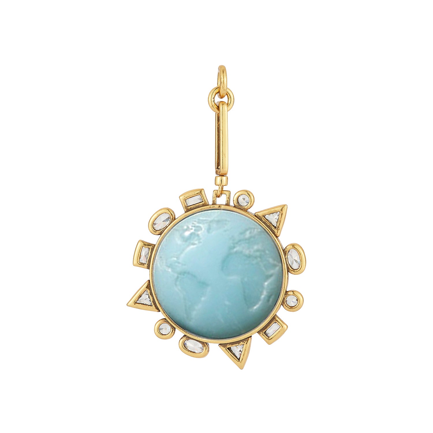 Blue reconstituted stone pendant set in gold against a white background