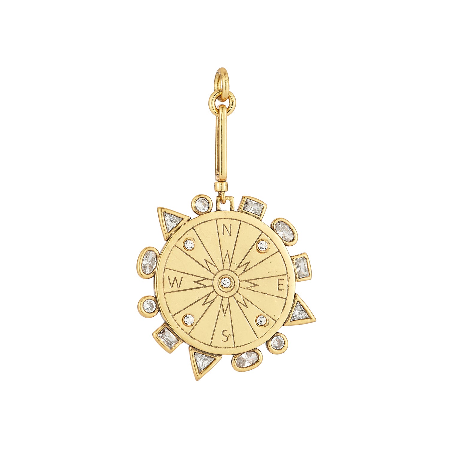 Gold compass pendant with diamond accents on a white background