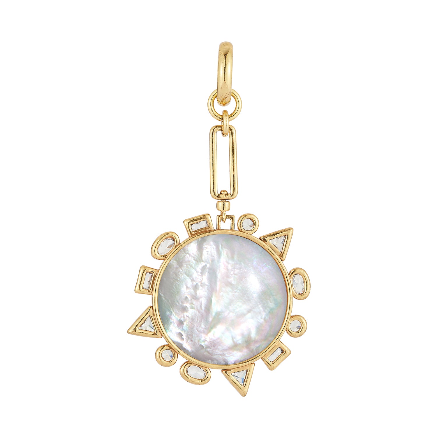 Gold pendant with a central pearl on a white background
