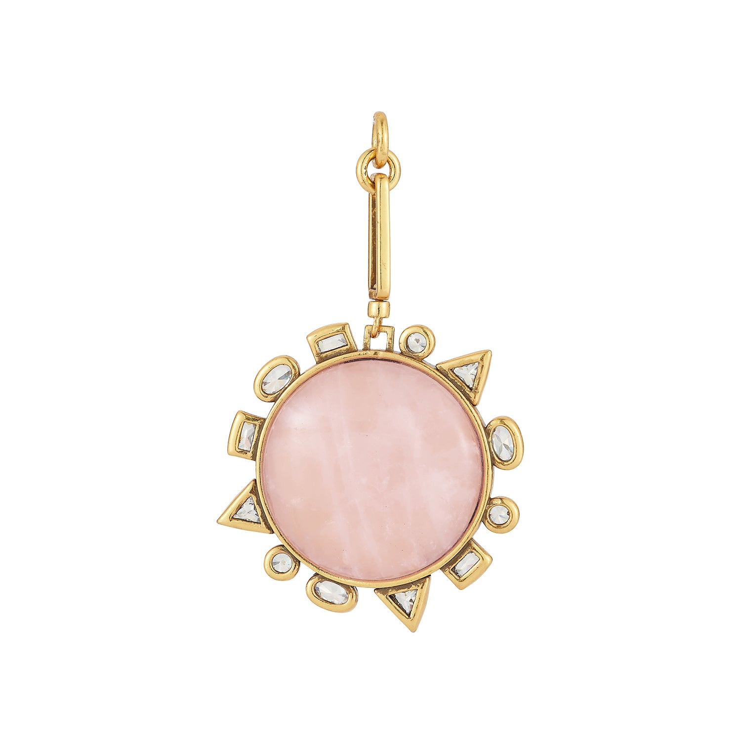 Gold pendant with a pink stone on a white background