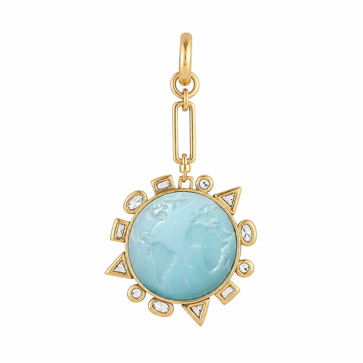 A gold pendant charm featuring a round light blue carved stone in the center, surrounded by a gold sunburst frame with small clear inset stones, shown on a plain white background.