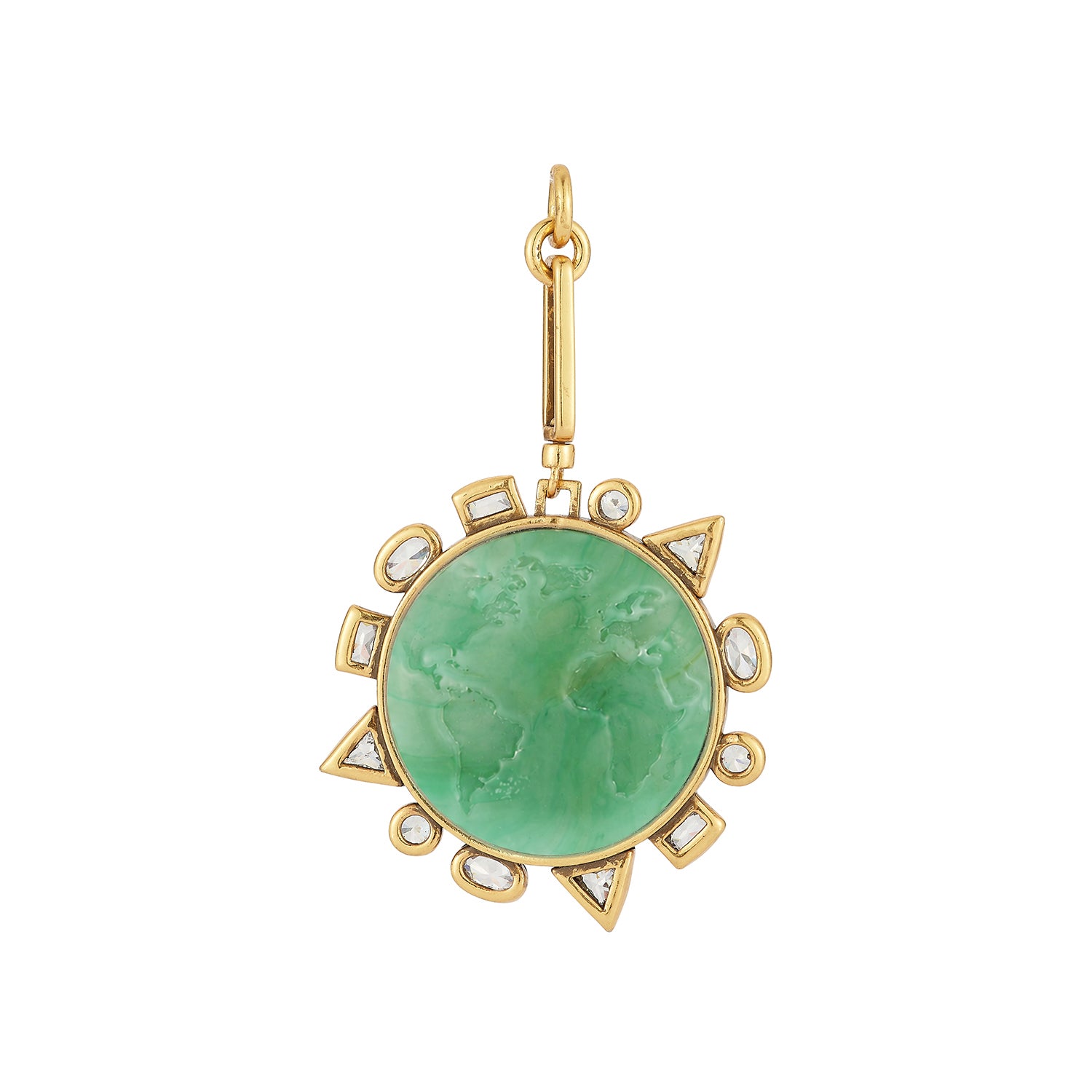Gold and Green Stone with cubic zirconia charm against white background