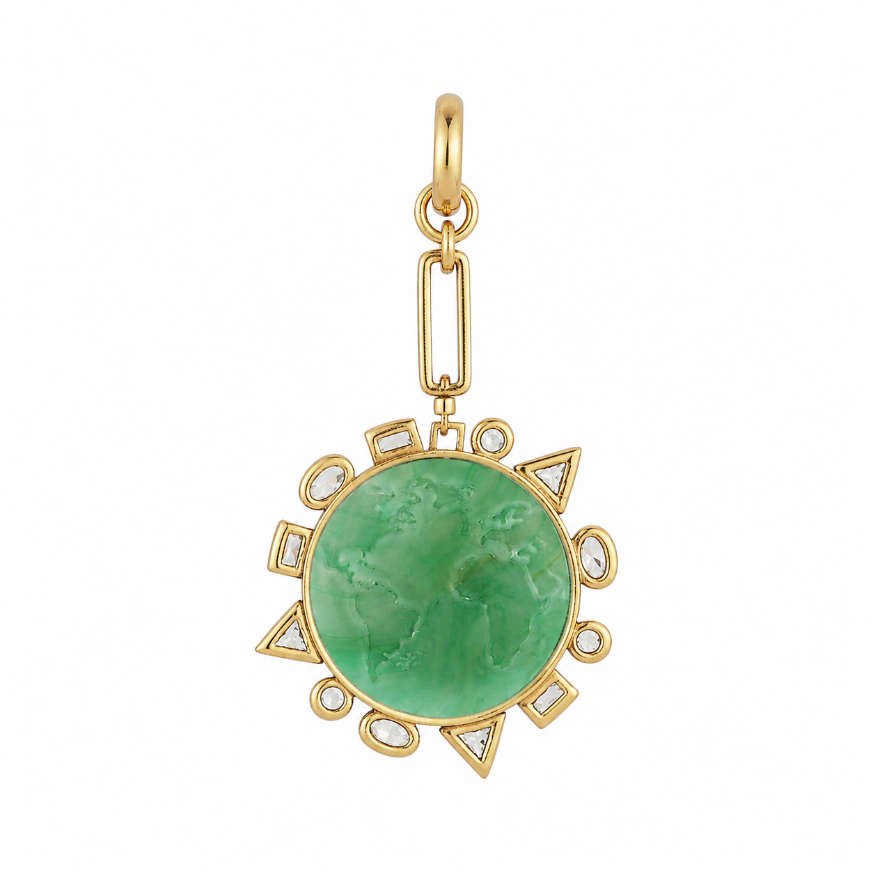 A gold pendant featuring a round green jadeite carnelian centerpiece surrounded by a decorative gold frame with small clear stones, shown on a plain white background.