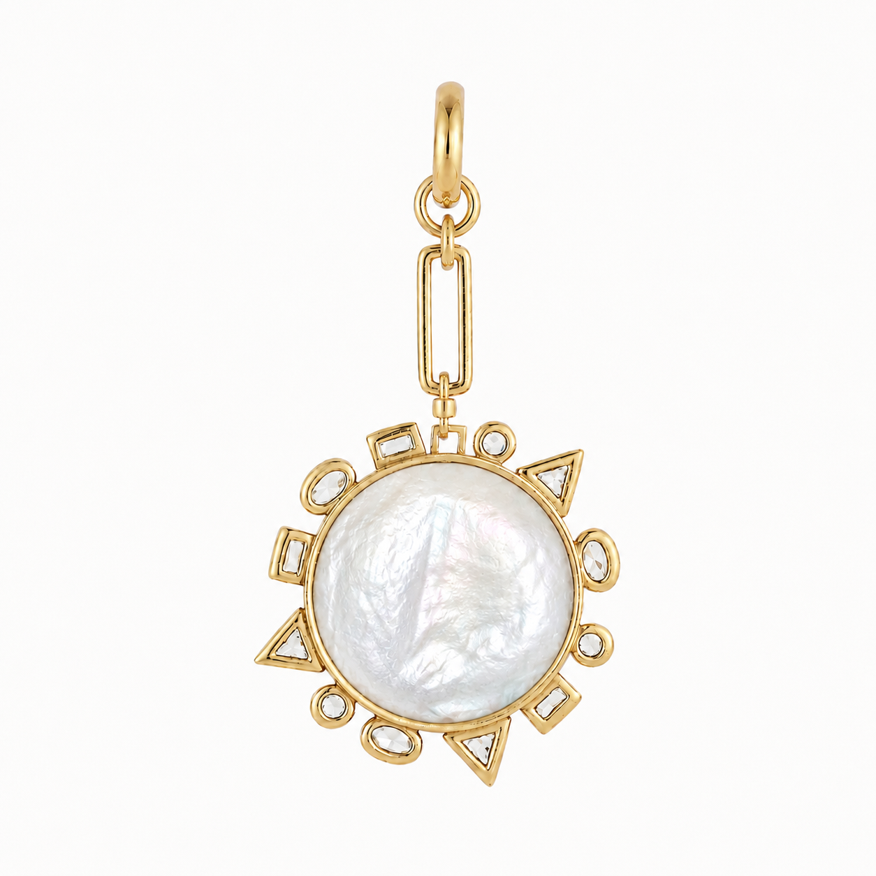 A gold pendant featuring a large, round, lustrous white pearl surrounded by a geometric gold border with small clear stones, suspended from a gold chain on a plain white background.