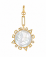 A gold pendant featuring a large round white mother-of-pearl center surrounded by small clear stones and geometric gold settings, suspended from a gold link chain on a plain white background.