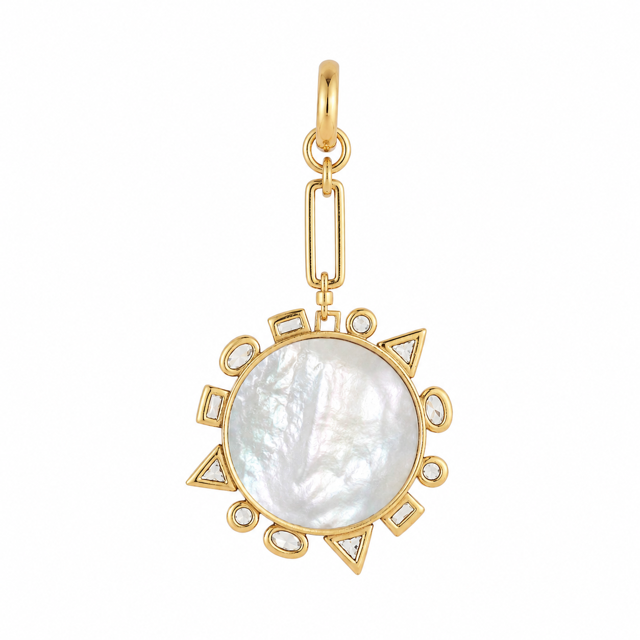 A gold pendant featuring a large round white mother-of-pearl center surrounded by small clear stones and geometric gold settings, suspended from a gold link chain on a plain white background.