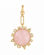 A gold charm featuring a round pink stone surrounded by small clear stones in geometric settings, suspended from a gold link chain on a white background.