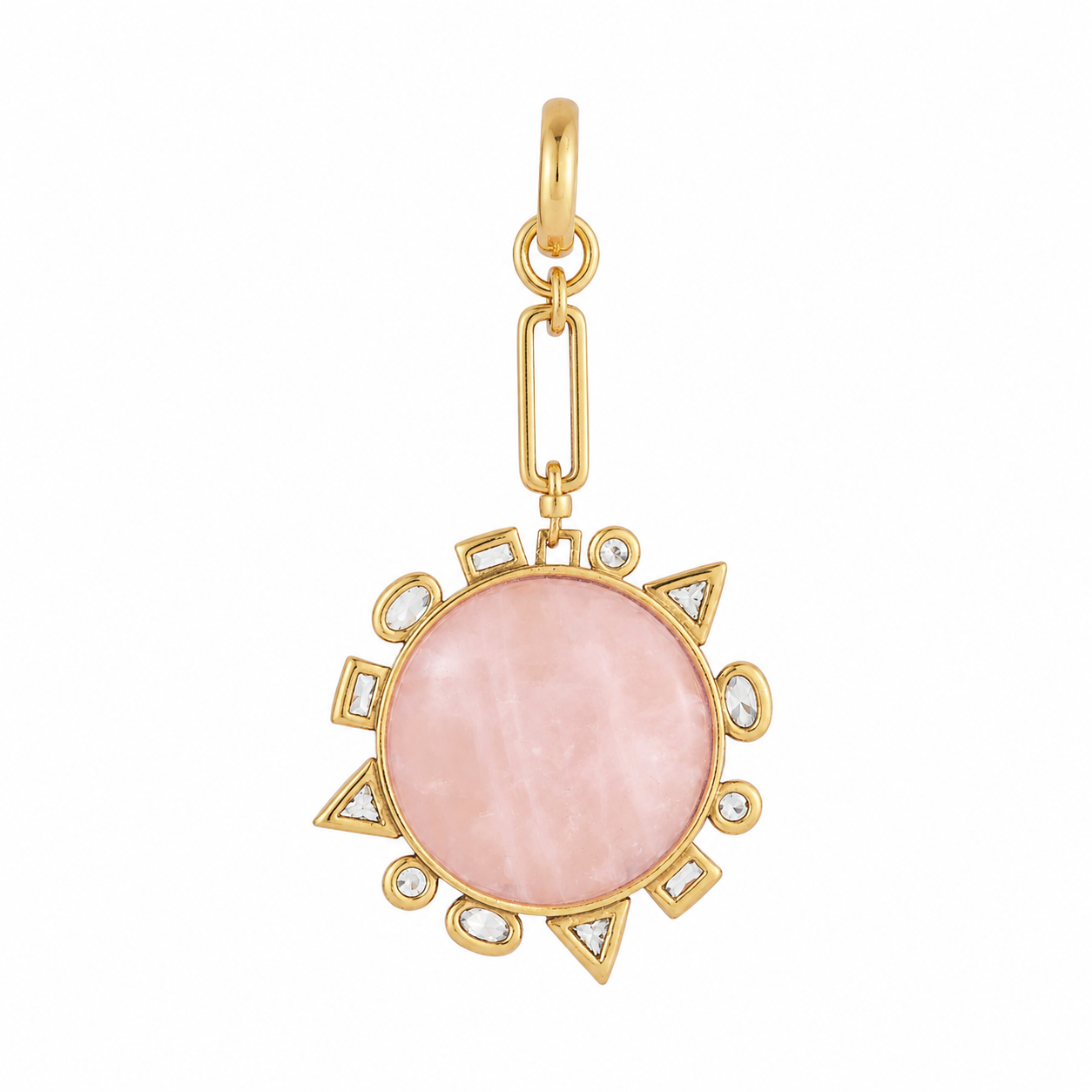 A gold charm featuring a round pink stone surrounded by small clear stones in geometric settings, suspended from a gold link chain on a white background.