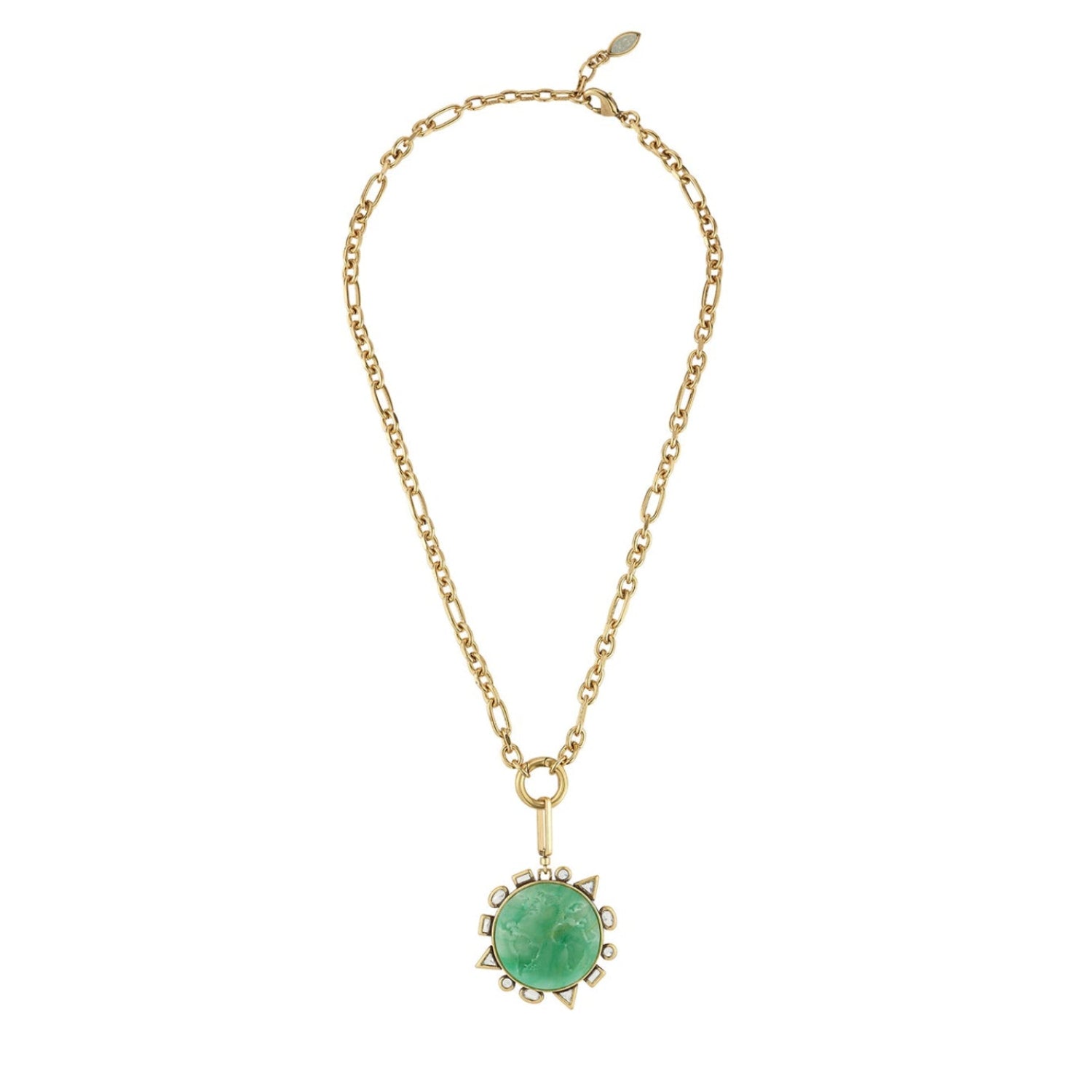 A gold chain necklace featuring a round green cabochon gemstone pendant surrounded by a halo of small clear stones, displayed on a solid white background.