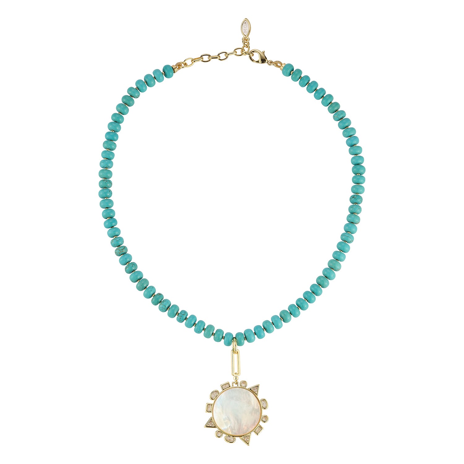 A beaded necklace featuring small turquoise-blue beads on a gold-tone chain, with a central oval white mother-of-pearl pendant surrounded by small clear stones and gold-tone accents.