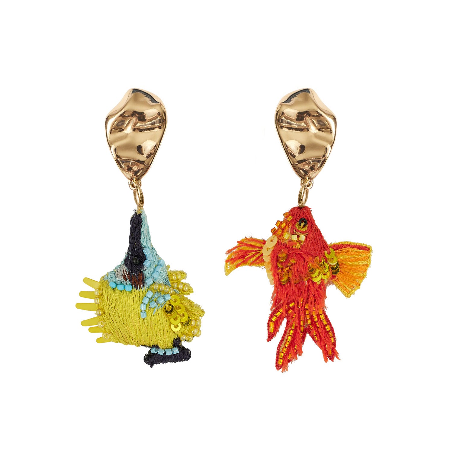 Pair of colorful fish-shaped earrings on a white background