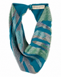 A beaded infinity scarf featuring a teal blue base with geometric patterns of green, gray, and silver beads, shown on a plain white background.