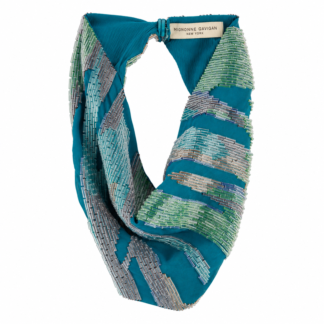 A beaded infinity scarf featuring a teal blue base with geometric patterns of green, gray, and silver beads, shown on a plain white background.