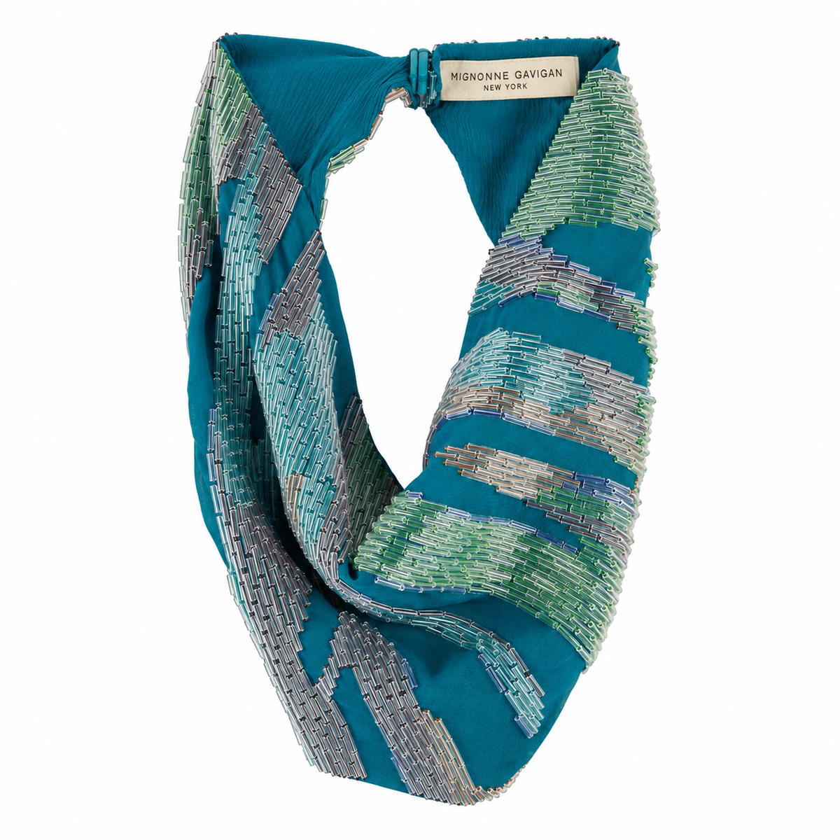 A beaded infinity scarf featuring a teal blue base with geometric patterns of green, gray, and silver beads, shown on a plain white background.