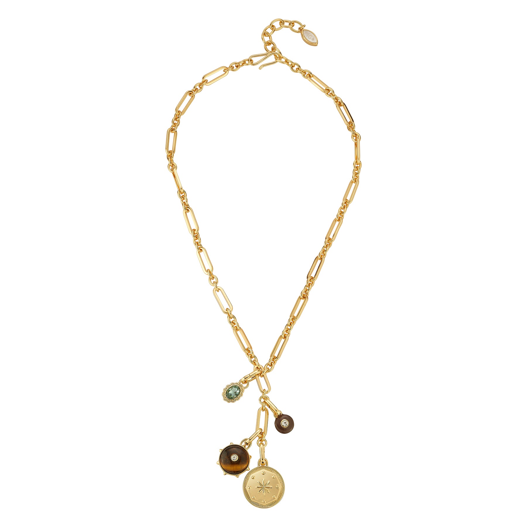 A gold-toned paperclip chain necklace with three dangling charms: a round brown gemstone pendant, a small oval brown pendant, and a circular gold medallion, shown on a plain white background.