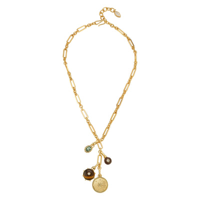 A gold-toned paperclip chain necklace with three dangling charms: a round brown gemstone pendant, a small oval brown pendant, and a circular gold medallion, shown on a plain white background.