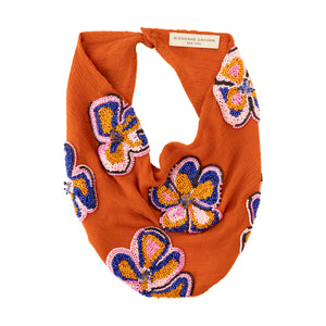 Orange Scarf Necklace with Orange, Pink, and Blue Beaded Flower Embroidery on White Background