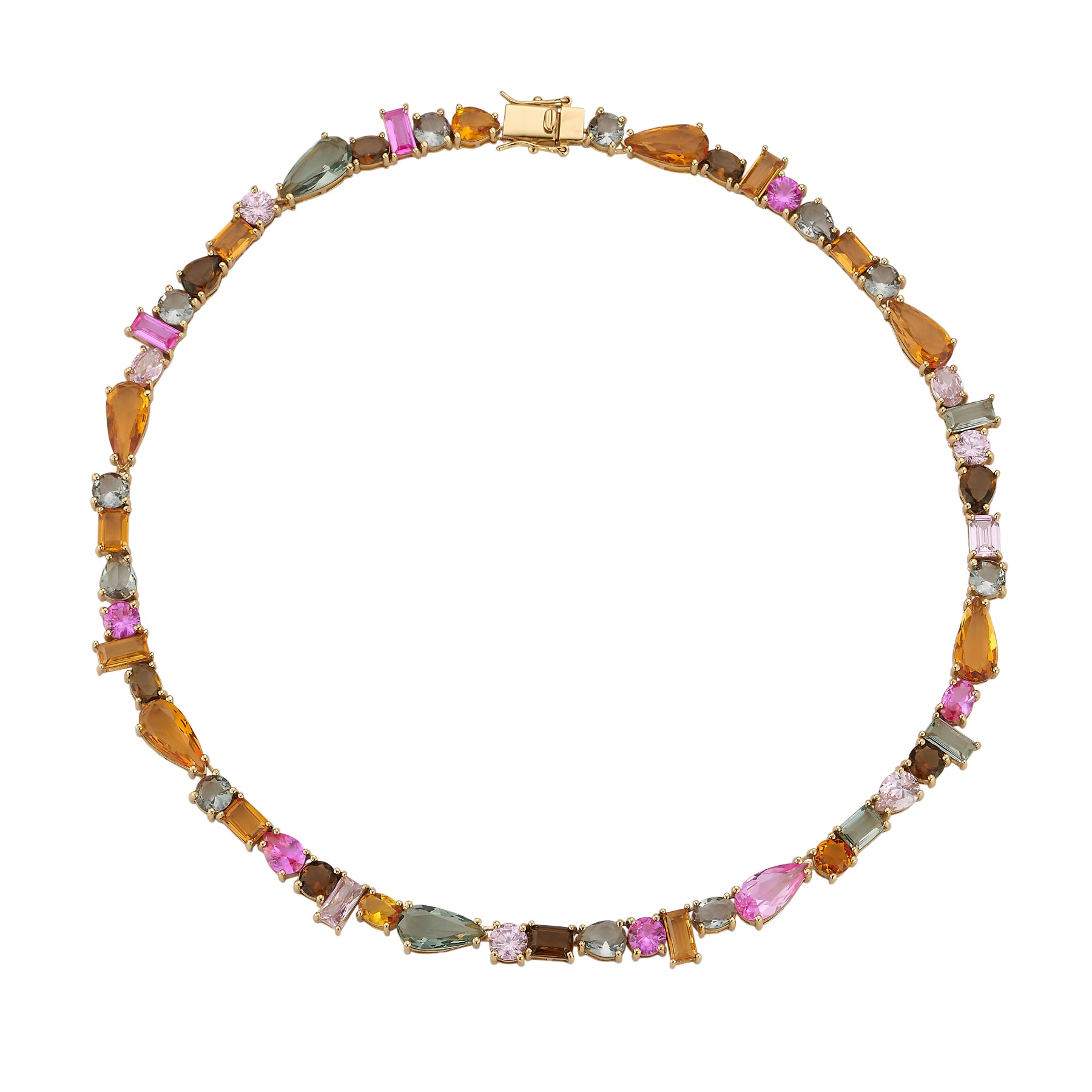 Colorful crystal tennis necklace with pink, green, and amber stones on flat white background