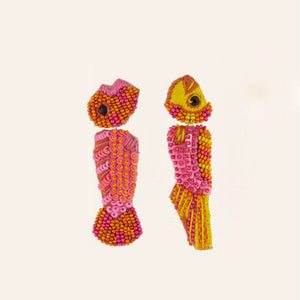 Orange, Pink, and Yellow Beaded and Embroidered Fish Drop Earrings on Tan Background