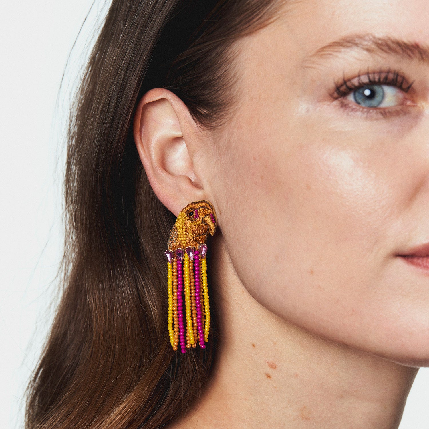 Orange, Pink, and Yellow Bead and Crystal Bird Fringe Drop Earrings Styled on Model