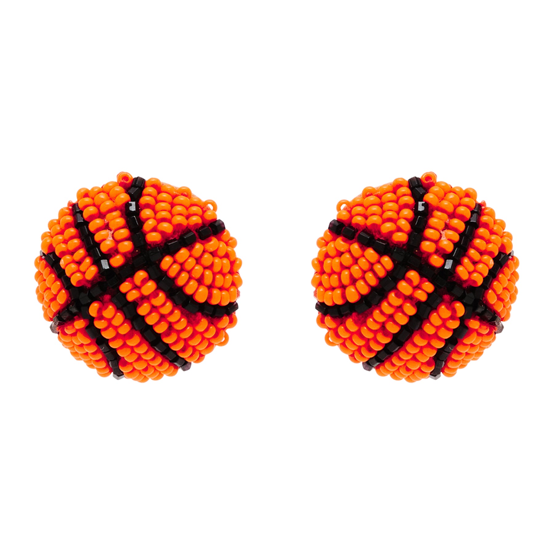 Orange and Black Beaded Basketball Stud Earrings on Flat White Background