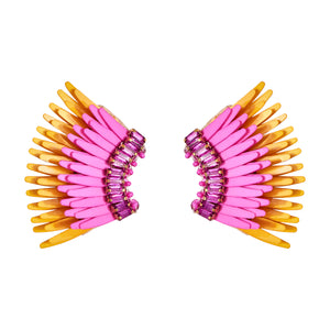 Yellow Orange and Pink Sequin and Crystal Wing Stud Earrings on White Background