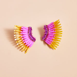 Yellow Orange and Pink Sequin and Crystal Wing Stud Earrings on Tan Background