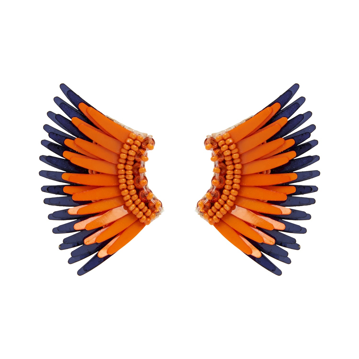 Orange and Navy Sequin and Bead Wing Stud Earrings on Flat White Background