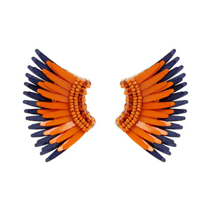 Orange and Navy Sequin and Bead Wing Stud Earrings on Flat White Background