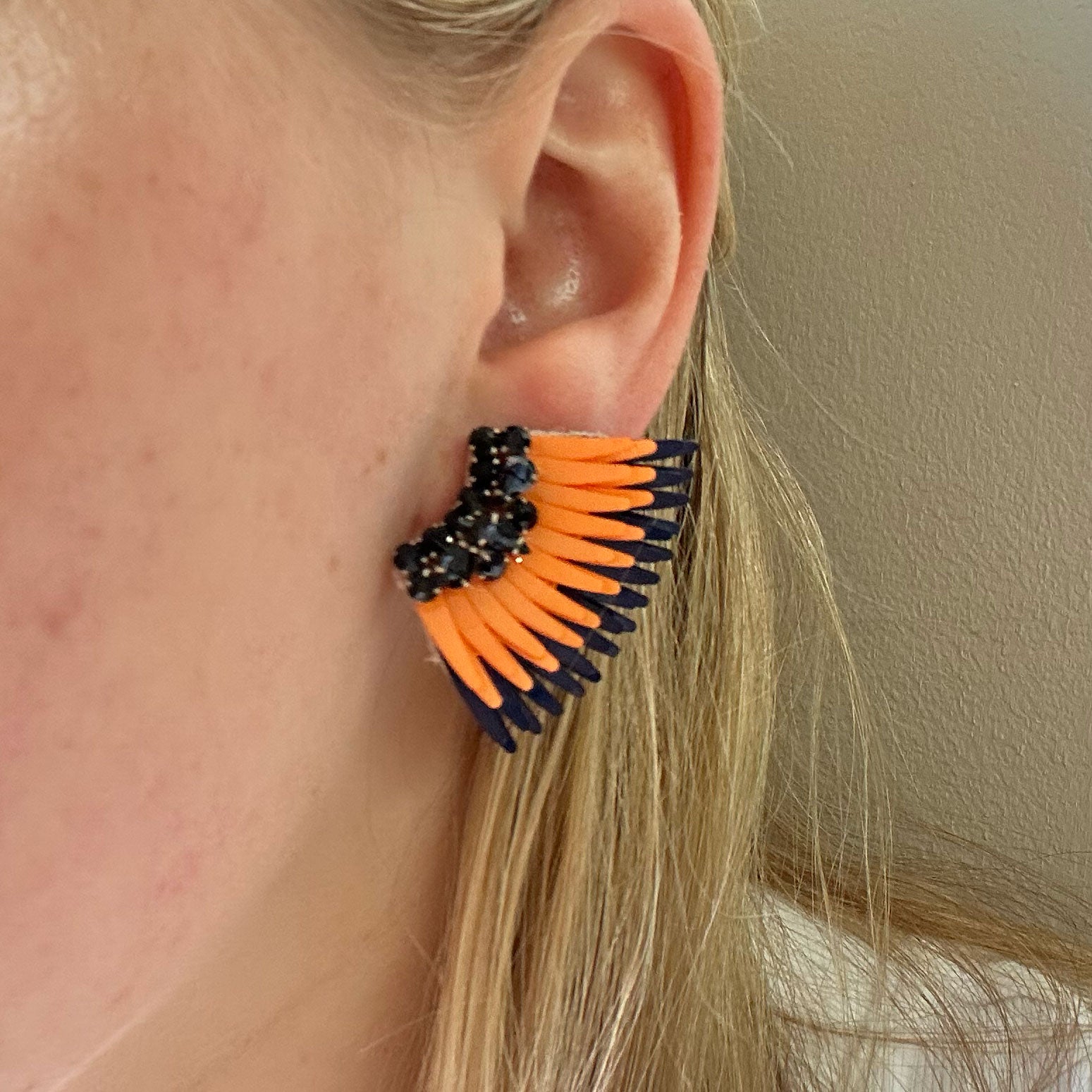 Orange and Navy Sequin and Navy Crystal Wing Stud Earrings Styled on Model