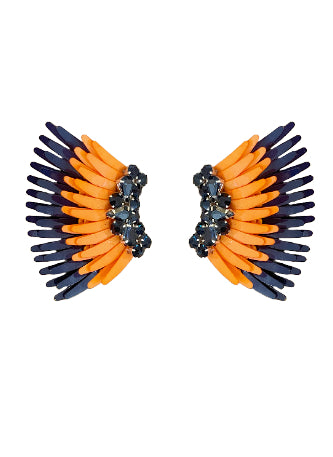 Orange and Navy Sequin and Navy Crystal Wing Stud Earrings on Flat White Background