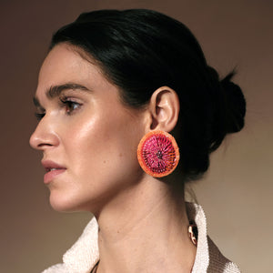 Orange and Pink Sequin and Bead Stud Earrings Styled on Model