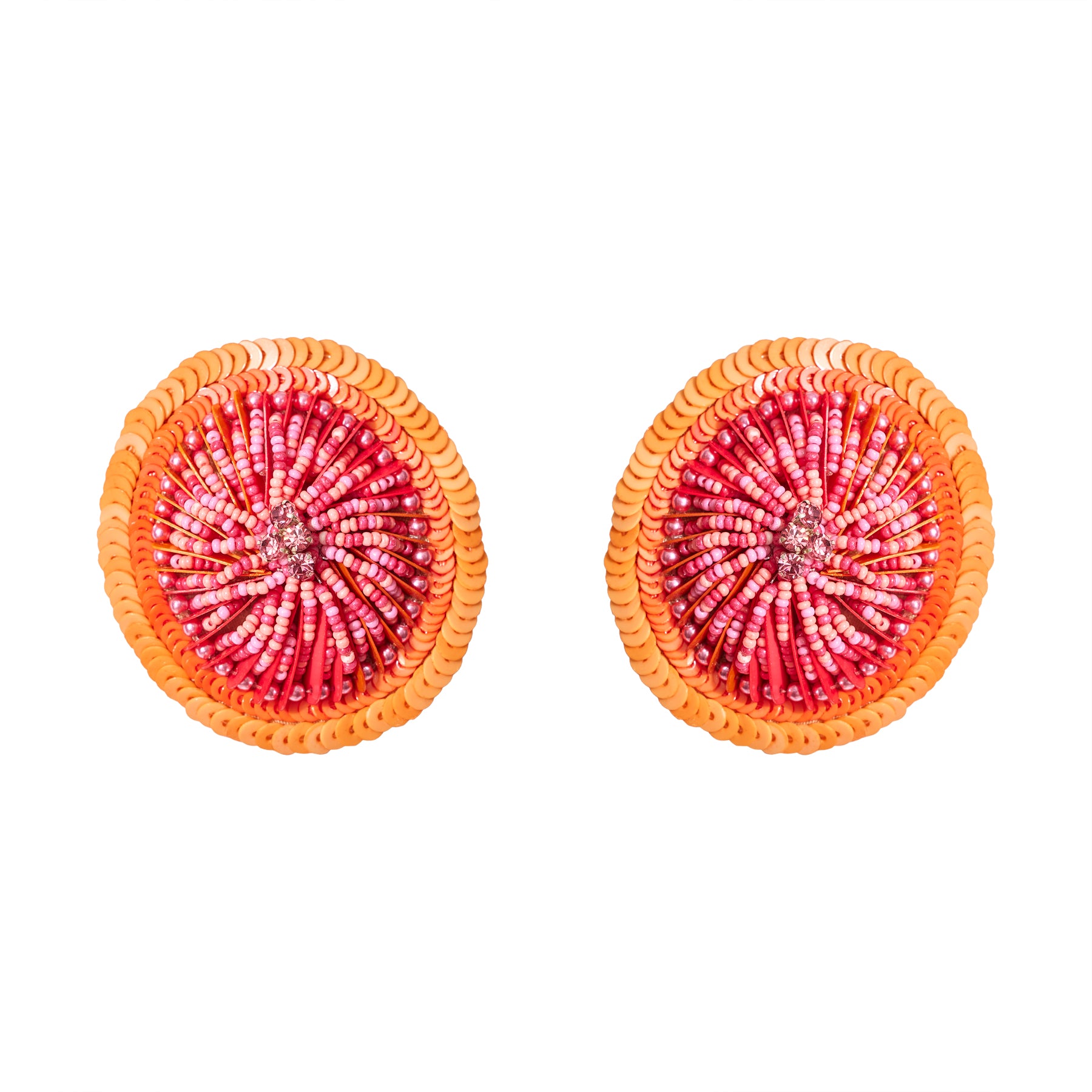 Orange and Pink Sequin and Bead Stud Earrings on Flat White Background