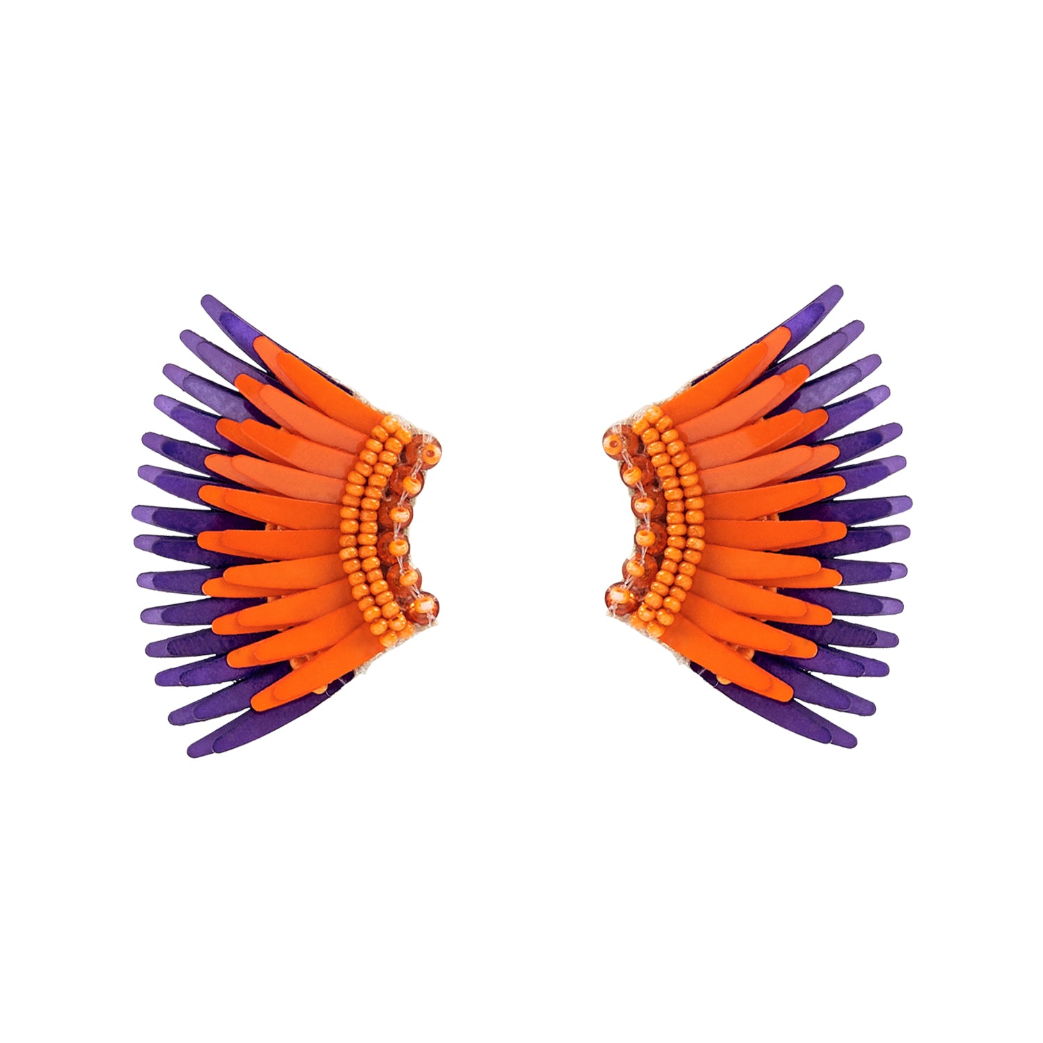 Purple and Orange Sequin and Bead Wing Stud Earrings on Flat White Background