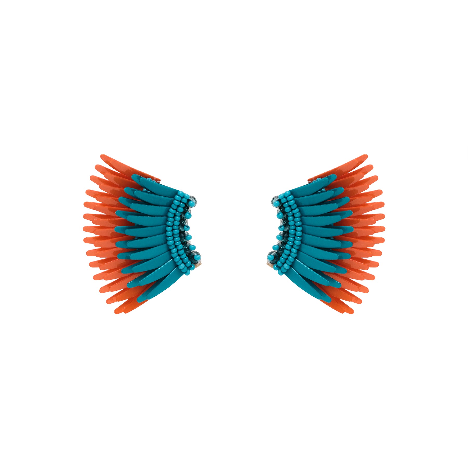 Orange and Teal Sequin and Bead Wing Stud Earrings on Flat White Background