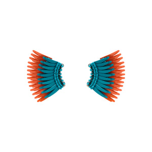 Orange and Teal Sequin and Bead Wing Stud Earrings on Flat White Background