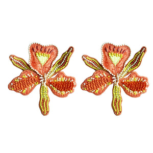 Coral and Yellow Beaded and Embroidered Flower Stud Earrings on Flat White Background