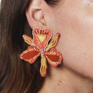 Coral and Yellow Beaded and Embroidered Flower Stud Earrings Styled on Model