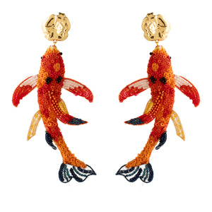 Orange Beaded and Embroidered Koi Fish Drop Earrings on Flat White Background
