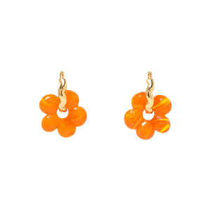 Orange and Yellow Marbled Glass Flower Charms on Gold Hoops on Flat White Background